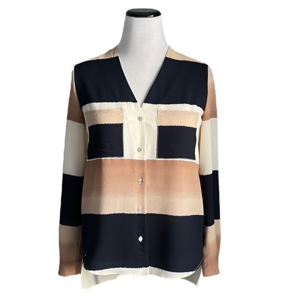 Joseph Ribkoff Women’s Navy Beige Off White Blouse Top Button Down Shirt Size 4